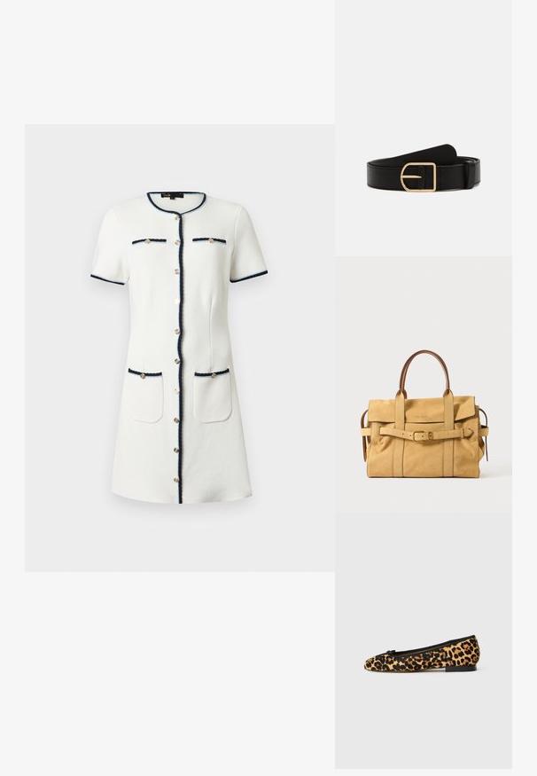 Robe blanche à manches courtes avec bordure marine, boutons dorés sur le devant, deux poches poitrine et deux poches sur les hanches, longueur au genou, encolure ronde.; Ballet flats à imprimé léopard avec une tige en tissu doux, des bordures noires et un petit nœud sur les orteils. Petit talon carré noir.; Sac à main en cuir marron clair avec poignées supérieures, détail de sangle à boucle à l'avant et fermeture à rabat sur fond blanc.; Ceinture en cuir noir avec une boucle carrée en or. Présente une texture lisse et un design classique, adaptée à une tenue décontractée ou formelle.