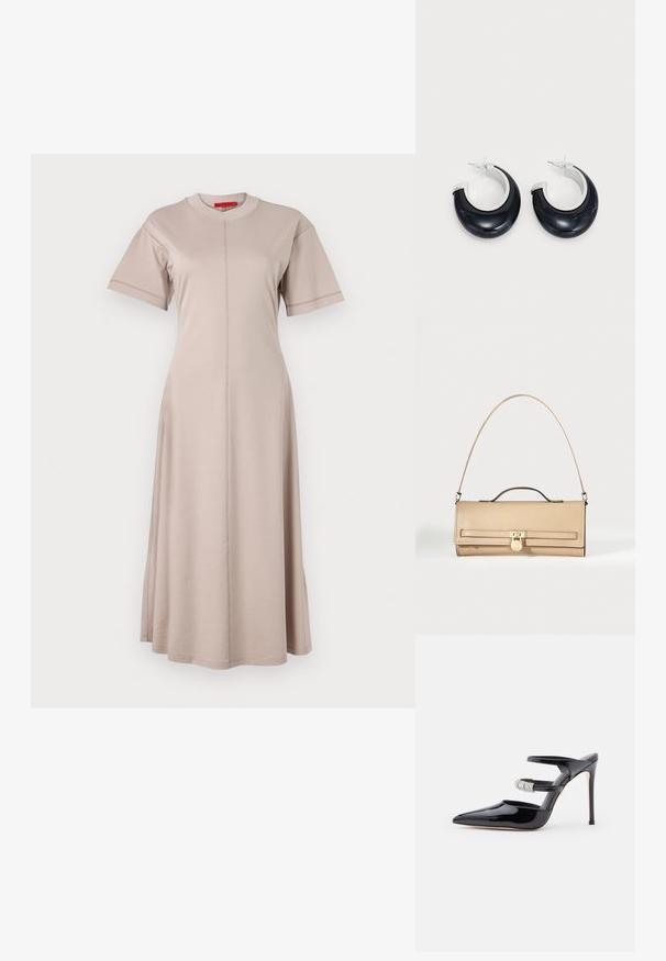 Beiges Baumwollmischkleid mit kurzen Ärmeln, rundem Ausschnitt, vertikalen Nahtdetails und auslaufendem Saum. Weicher Stoff mit glatter Textur.; Schwarze Lackleder-High-Heel-Mules mit spitzer Zehenpartie, zwei Riemen über dem Fuß, einer mit Strass verziert, auf einem weißen Hintergrund.; Beige Leder-Clutch mit dünnem goldfarbenem Kettenriemen, oberem Griff und vorderem goldfarbenem Schlossdetail auf einem schlichten weißen Hintergrund.; Schwarze Harz-Hoops mit glänzender Oberfläche und silberfarbenen Hardware-Details. Zirkulare Form mit Ausschnitt und Post-Back-Verschluss.