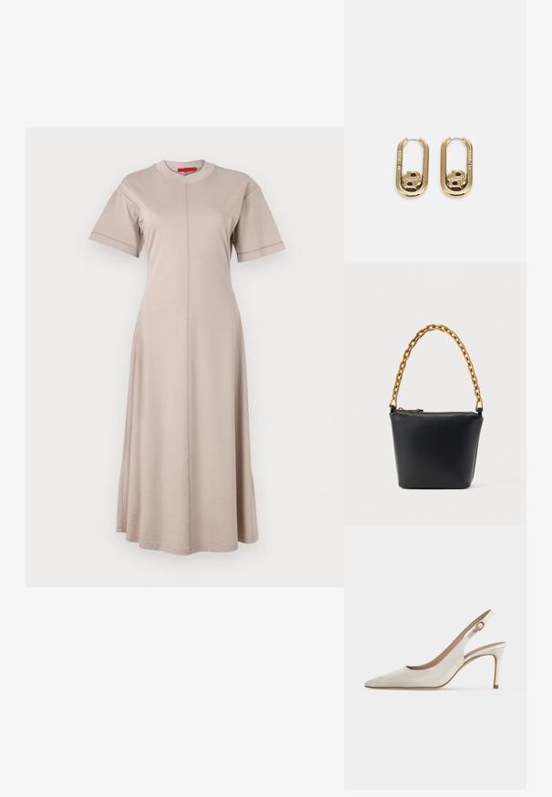 Tan bomuldsblandede kjole med korte ærmer, rund halsudskæring, lodret sømdetalje og blød nederdel. Blødt stof med en glat tekstur.; Hvid læder slingback højhælet sko med spids tå og spænderem på ensfarvet baggrund.; Sort læderhåndtaske med gyldent kædehåndtag og lynlås øverst, vist mod en ensartet lys baggrund.; BOSS DOUBLE B SWING - Øreringe - gold-coloured