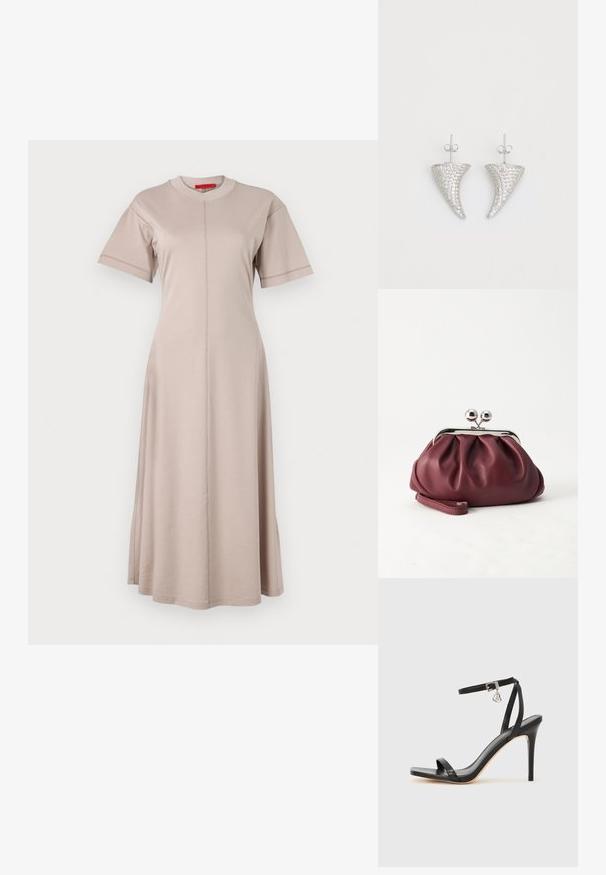 Beiges Baumwollmischkleid mit kurzen Ärmeln, rundem Ausschnitt, vertikalen Nahtdetails und auslaufendem Saum. Weicher Stoff mit glatter Textur.; Schwarze High-Heel-Sandale mit schmalem Knöchelriemen, quadratischer Zehenbox, glattem Leder und metallischem Schnallenakzent.; Kleine burgunderrote Lederclutch mit silbernem Metallverschluss und Handgelenksriemen auf weißem Hintergrund.; Silberne, hornförmige Ohrringe, besetzt mit kleinen klaren Steinen, mit einem Steckverschluss zur Befestigung. Glatte Textur und metallisches Finish.