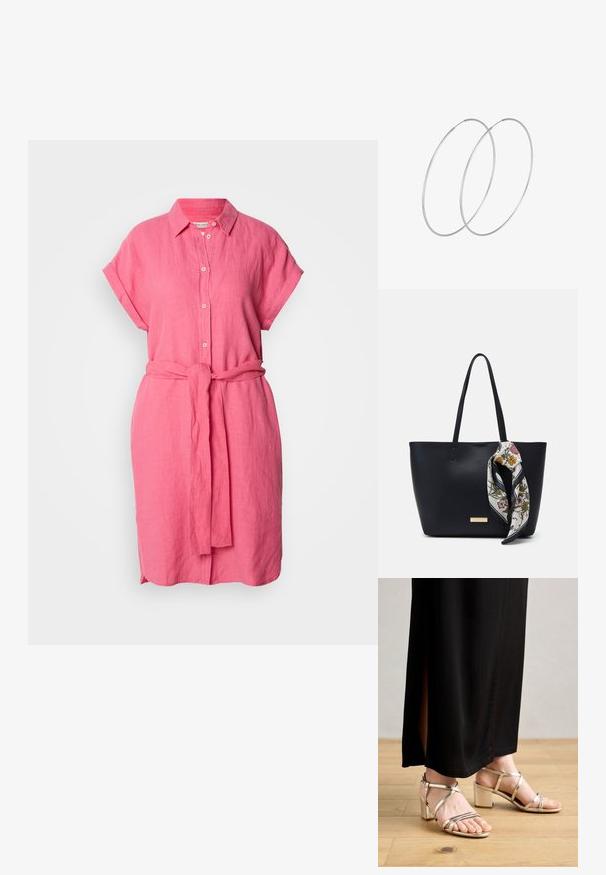Rosa Leinenhemdkleid mit Kragen, kurzen aufgerollten Ärmeln, vorderen Knöpfen und einem Taillengürtel. Verfügt über einen entspannten Schnitt und eine glatte Textur.; Goldene Riemchensandaletten mit Blockabsatz, metallischem Finish, Knöchelriemen und offener Zehenpartie. Kombiniert mit einem schwarzen Maxirock.; Schwarze Leder-Umhängetasche mit zwei Schulterriemen, versehen mit einem floralen Seidenschal, der am Griff gebunden ist, sowie einem metallischen Logoakzent auf der Vorderseite.; Silberne Creolen mit minimalistischem Design. Rundform, glatte Oberfläche und dünnes Profil. Leichtgewichtig mit hochglänzender Oberfläche.