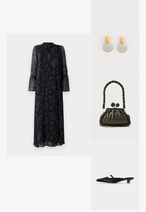 Schwarzes Maxikleid mit langen Ärmeln, Rüschensaum, hohem Kragen und einem blauen und beigen Leopardenmuster.; Schwarze spitze Mule mit niedrigem Kittenheel und schmalem Riemen über dem Rist mit kleinem goldfarbenem Knopfdetail.; Olivgrüne Lederhandtasche mit geflochtenem Griff und silberner Beschlägen, mit einem gerafften Design und runden Verschlussdetails oben.; Ohrringe aus Gold und Silber mit einer runden Diskusbasis und einem ovalen Oberteil, glatte Textur und polierte Oberfläche.