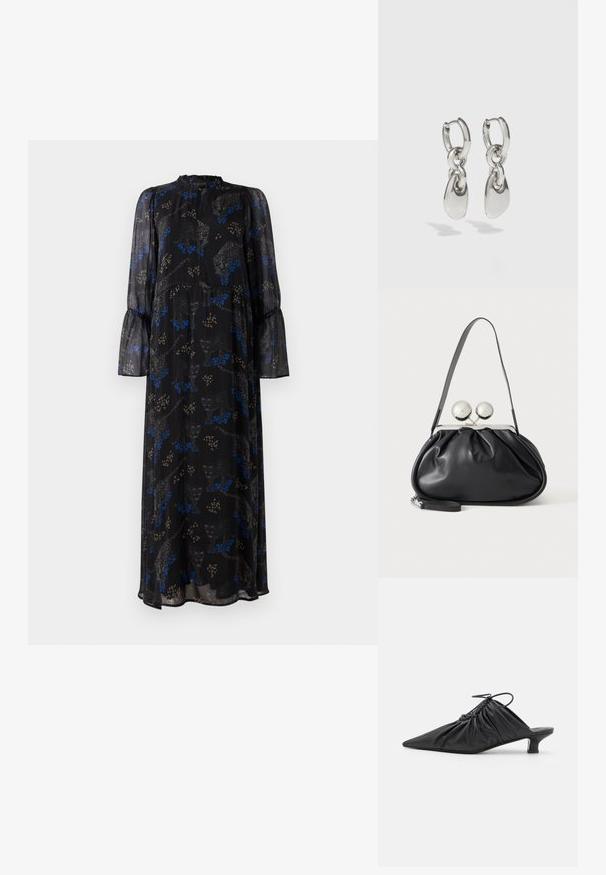 Zwarte maxi jurk met lange mouwen, met ruches aan de manchetten, hoge halslijn en een blauw-beige luipaardprint patroon.; Zwarte leren instappers met een spitse neus, gegatherde textuur en een kleine kittenhiel. Heeft een trekkoorddetail aan de opening.; Zwarte leren handtas met een geplooid ontwerp, een enkele schouderband, zilverkleurige metalen omlijsting en twee grote ronde zilveren sluitingen.; Zilveren hoepel oorbellen met langwerpige ovale schakels, met een gepolijste afwerking en een gestructureerde hanger. Eenvoudig ontwerp met gladde randen.