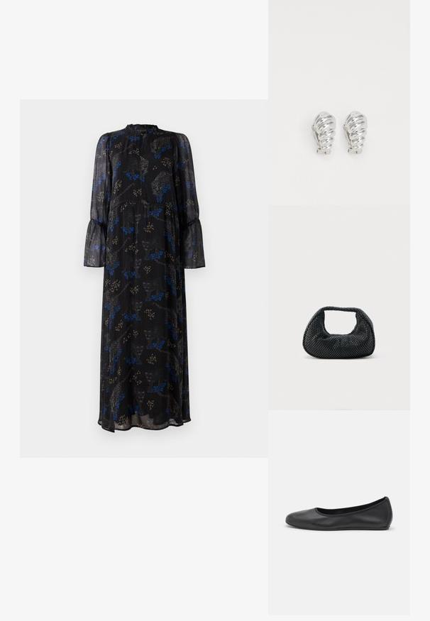 Schwarzes Maxikleid mit langen Ärmeln, Rüschensaum, hohem Kragen und einem blauen und beigen Leopardenmuster.; Schwarze Leder-Ballettschuhe mit abgerundeter Spitze, glatter Textur, minimalen Nähdetails und einem flexiblen Sohlen-Design.; Schwarze gewebte Hobo-Tasche mit weicher Struktur und integriertem Griff, dargestellt vor einem schlichten hellen Hintergrund.; Silberne Clip-On-Ohringe mit spiralförmigem Design, das eine glatte metallische Textur und abgerundete Formen aufweist. Keine sichtbaren Verzierungen oder Muster.