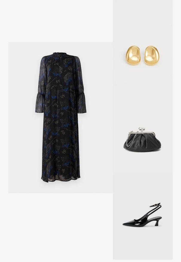 Zwarte maxi jurk met lange mouwen, met ruches aan de manchetten, hoge halslijn en een blauw-beige luipaardprint patroon.; Zwarte gepatineerde leren slingback hakken met een puntige neus, lage blokhak en een verstelbare enkelband met een gouden gespsluiting.; Zwarte leren clutch met geplooide textuur, zilverkleurig metalen frame, drukknopsluiting en kettingriem. Glad, zacht oppervlak.; Gouden studs met een gladde, ronde vorm en een reflecterend oppervlak, met een minimalistisch ontwerp en zonder zichtbare patronen.