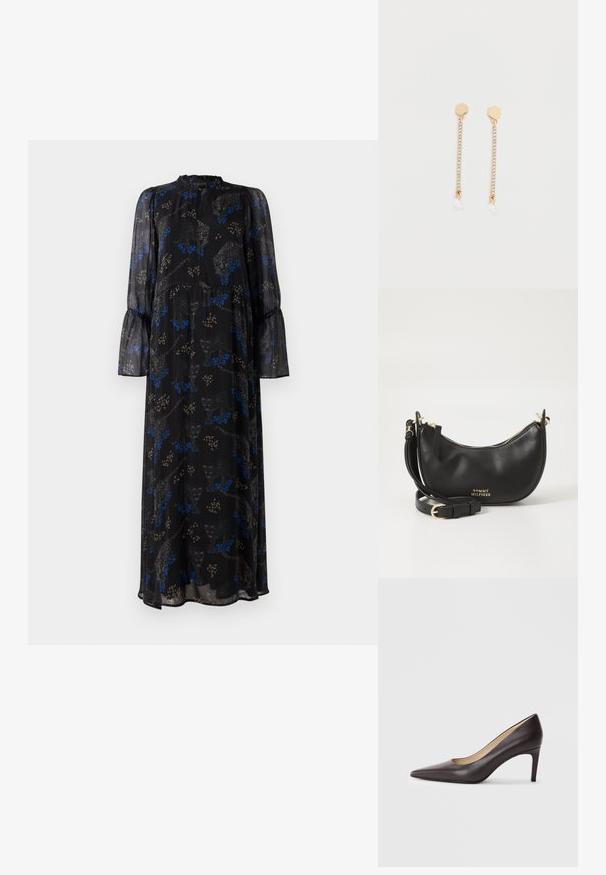 Zwarte maxi jurk met lange mouwen, met ruches aan de manchetten, hoge halslijn en een blauw-beige luipaardprint patroon.; Bruine leren pumps met een spits toelopende neus en een slanke hak van 7 cm, met een glad oppervlak en minimalistisch ontwerp. Zonder zichtbare versieringen.; Zwarte leren schoudertas met een ronde vorm, goudkleurige rits en logo-detail op de voorkant. Inclusief verstelbare schouderband.; Goudkleurige hangende oorbellen met een zeshoekige pen, een rij heldere strasstenen en een afgeronde kristalhangertje aan het uiteinde van elk oorbel.