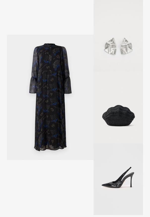 Schwarzes Maxikleid mit langen Ärmeln, Rüschensaum, hohem Kragen und einem blauen und beigen Leopardenmuster.; Schwarze Leder Slingback-Pumpe mit spitzer Zehe, geraffter Textur an der Vorderseite und hohem Stilettoschuh.; Schwarze Korbtasche in Muschelform mit gebogenem Oberteil und gewebter Textur auf einfarbigem Hintergrund.; Silberne Metallohrringe mit einem wellenförmigen, skulpturalen Design, das eine polierte Oberfläche und unregelmäßige Formen aufweist, die eine zeitgenössische Ästhetik betonen.