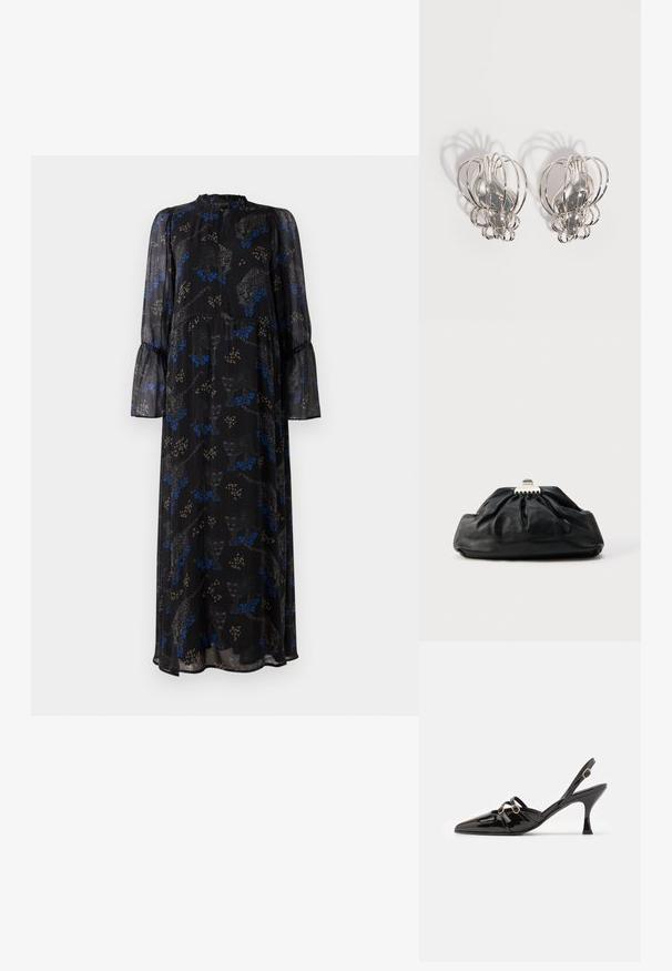 Vestido largo de manga larga negro con puños acampanados, escote alto y estampado de leopardo en azul y beige.; ALOHAS JOELLE ONIX - Tacones - black; Bolso de mano de cuero negro con textura recogida, cierre de broche metálico y logo en relieve sutil en el frente. Forma redondeada.; Par de pendientes de metal plateado con diseño de jaula de alambre abierto y formas ovaladas centrales lisas que proyectan sombras curvas sobre un fondo blanco.