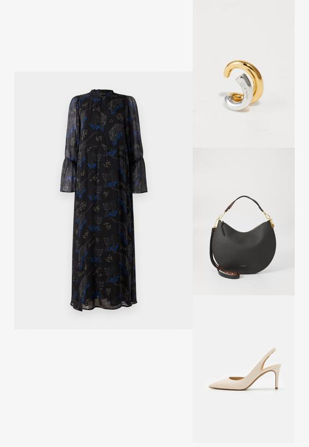 Schwarzes Maxikleid mit langen Ärmeln, Rüschensaum, hohem Kragen und einem blauen und beigen Leopardenmuster.; Beiger Leder-Pumps mit Riemchen, spitzer Kappe und dünnem hohen Absatz. Verfügt über eine Aussparung an der Ferse und eine glatte Oberfläche.; Schwarze Lederhandtasche mit geschwungener Form, goldenen Hardware-Details und einem abnehmbaren Tragegurt. Verfügt über einen Reißverschluss und ein geprägtes Logo.; Zwei ineinandergreifende Ohrringe, einer aus Gold und einer aus Silber, gestempelt mit Ag925, auf einem weißen Hintergrund dargestellt.