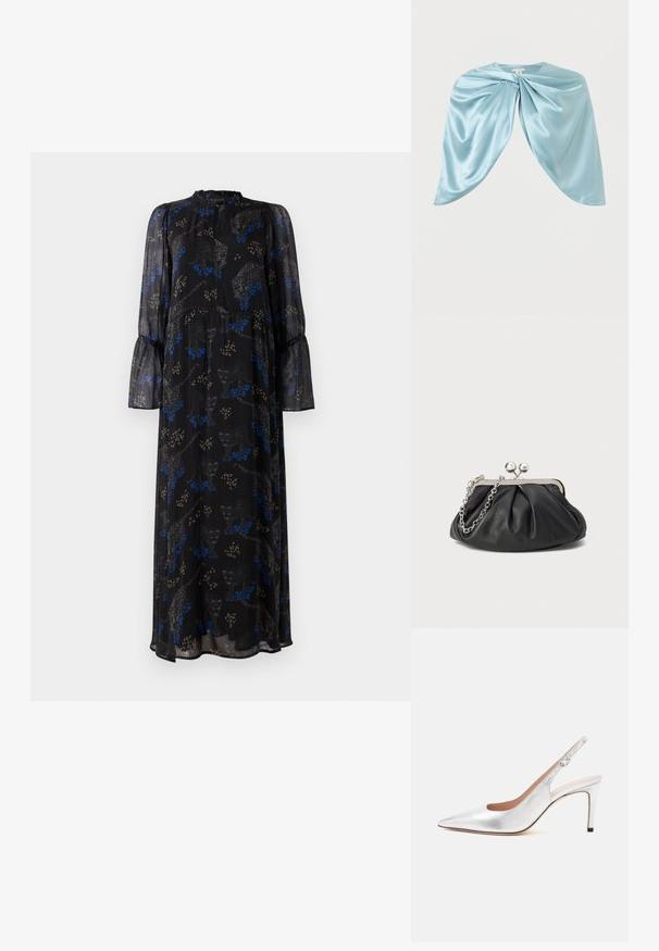 Čierne maxi šaty s dlhými rukávmi, ruffled manžetami, vysokým golierom a modro-bežovým leopardím vzorom.; Strieborná slingback lodička so špicatou špičkou, prackou a štíhlym stredne vysokým podpätkom.; Svetlomodrý saténový šál s pretvoreným uzlom v strede, vytvárajúci záhyby na jednoduchom pozadí.; Čierna kožená kabelka s vrúbkovou textúrou, strieborným kovovým rámom, uzáverom na pobozkanie a retiazkou na nosenie. Hladký, jemný povrch.