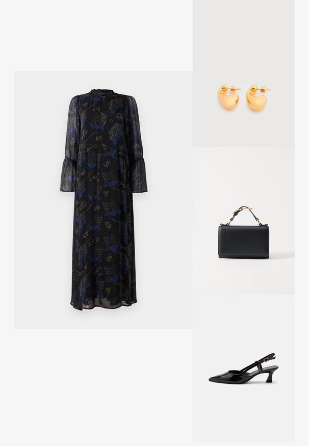Schwarzes Maxikleid mit langen Ärmeln, Rüschensaum, hohem Kragen und einem blauen und beigen Leopardenmuster.; Schwarzer Slingback-Pumps aus Lackleder mit spitzer Spitze und verstellbarem goldfarbenem Riemen auf weißem Hintergrund.; Schwarze Lederhandtasche mit rechteckiger Form, ausgestattet mit einem oberen Griff und goldfarbenen Hardware-Akzenten. Glatte Textur, minimalistisches Design.; Paar kleine, klobige Ohrstecker in Goldton mit glatten, geschwungenen, abstrakten Formen vor hellem Hintergrund.