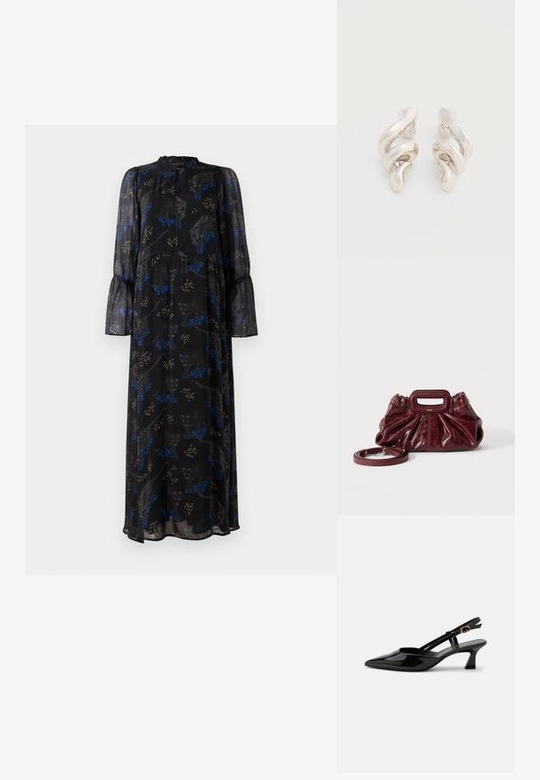 Schwarzes Maxikleid mit langen Ärmeln, Rüschensaum, hohem Kragen und einem blauen und beigen Leopardenmuster.; Schwarzer Slingback-Pumps aus Lackleder mit spitzer Spitze und verstellbarem goldfarbenem Riemen auf weißem Hintergrund.; Kleine dunkelrote Ledertasche mit geraffter Textur, rechteckigem Handgriff mit Ausschnitt und abnehmbarem Schulterriemen auf weißem Hintergrund.; Verdrehte silberne Metall-Clip-Ohrringe mit glatt glänzender Oberfläche, die ein modernes, abstraktes Spiraldetail zeigen.