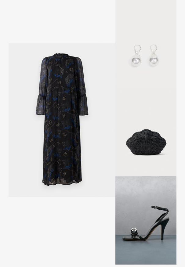 Vestido largo de manga larga negro con puños acampanados, escote alto y estampado de leopardo en azul y beige.; Sandalia negra de tacón alto con correa en el tobillo y bola decorativa metálica plateada sobre superficie de madera con baldosas al aire libre con fondo desenfocado de vegetación y pared.; Bolso de mimbre negro con forma de concha de vieira con parte superior curva y textura tejida sobre un fondo liso.; Pendientes de plata en forma de gota con superficies redondas y reflectantes colgando de cierres de palanca. El fondo es blanco liso.