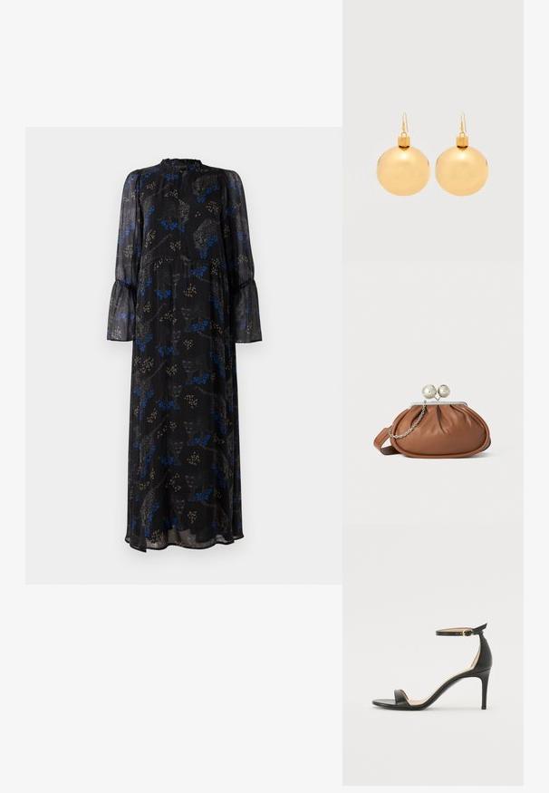 Zwarte maxi jurk met lange mouwen, met ruches aan de manchetten, hoge halslijn en een blauw-beige luipaardprint patroon.; Zwarte leren hoge hak sandaal met enkelbandje. Heeft een gladde textuur, open teen en een dunne hak. Gouden gesp detail.; Bruine leren clutch met een zilveren balsluiting en een klein zilveren kettingdetail op een witte achtergrond.; Een paar glanzende gouden kerstbal-oorbellen met haaksluitingen op een effen witte achtergrond.