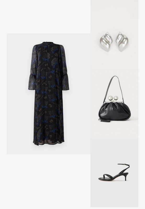 Schwarzes Maxikleid mit langen Ärmeln, Rüschensaum, hohem Kragen und einem blauen und beigen Leopardenmuster.; Schwarze Ledersandale für Damen mit dünnen Riemchen, einer Zehenlasche, einer Knöchelschnalle und einem mittelhohen Stöckelabsatz vor neutralem Hintergrund.; Schwarze Ledertasche mit gerafftem Design, einem einzelnen Riemen, silbernem Metallrahmen und zwei großen runden silbernen Verschlüssen.; Silberne Ohrringe mit einer organischen, abstrakten Form. Glatte, glänzende Oberfläche mit einem konischen Design. Mit dezenten Kurven und einem zentralen Linienelement.