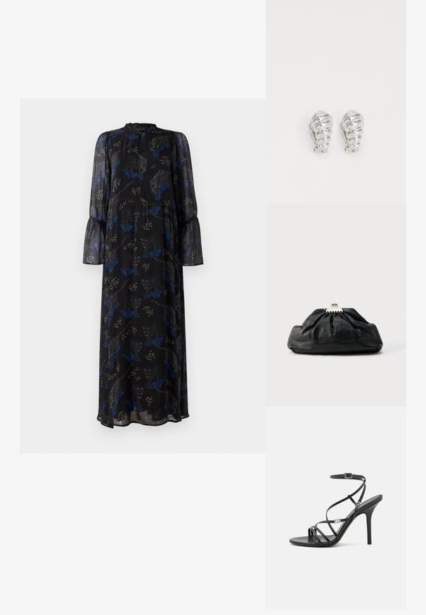 Schwarzes Maxikleid mit langen Ärmeln, Rüschensaum, hohem Kragen und einem blauen und beigen Leopardenmuster.; Schwarze High-Heel-Sandale mit dünnen Riemen, einem Knöchelverschluss, einer glatten Lederoberfläche und einem schlanken Stiletto-Absatz.; Schwarze Leder-Clutch mit geraffter Textur, Metallverschluss und dezentem, auf der Vorderseite geprägtem Logo. Abgerundete Form.; Silberne Clip-On-Ohringe mit spiralförmigem Design, das eine glatte metallische Textur und abgerundete Formen aufweist. Keine sichtbaren Verzierungen oder Muster.