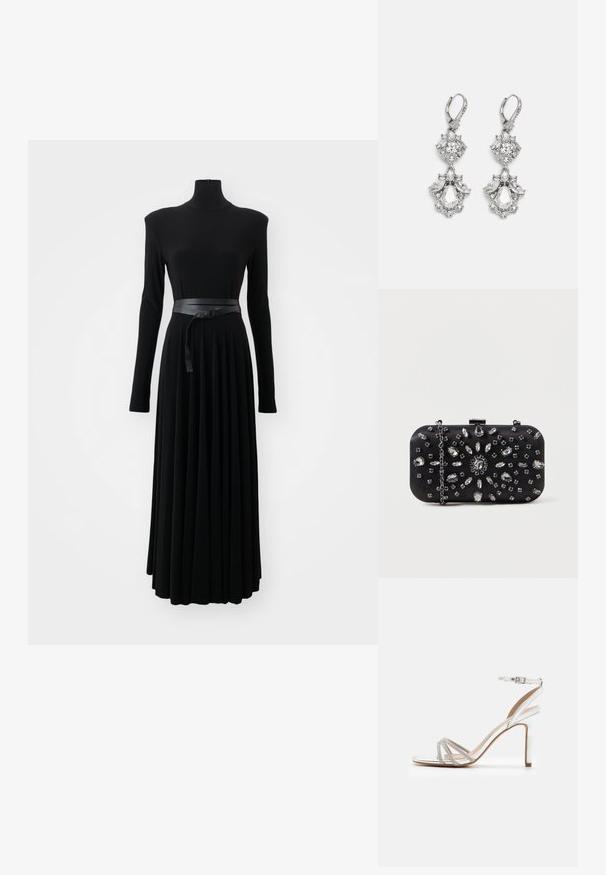 Norma Kamali SHOULDER PAD TURTLE FLARED DRESS TO MIDCALF - Vestido ligero - black; Sandalia de tacón alto plateada con múltiples tiras que presentan acentos de pedrería, diseño de punta abierta y hebilla en el tobillo. Acabado metálico suave.; Clutch negro de forma rectangular, decorado con varios strass en un patrón floral, con una cadena plateada para llevar.; Pendientes de tono plateado que presentan múltiples piedras de cristal transparente en formas de lágrima y marquesa, con cierres de palanca y un detallado intrincado.