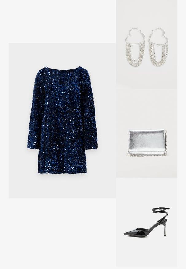 Vero Moda VMLAILA LS SEQUIN BOW EXP - Kokteilikleit/peokleit - midnight blue; Musta lakknaha terava varbaotsaga kitsekontsaga kingad, millel on õhukesed pahkluu rihmad ja väike pandla kinniti.; Väike ristkülikukujuline hõbedane metallist rahakott ketist rihmaga, mis asub heledal pinnal, suletud klapp on suunatud ettepoole.; Hõbe rõngastooted südame kujuga, millel on langevad selgeid rhinestone'idesse, et lisada sära ja tekstuuri.