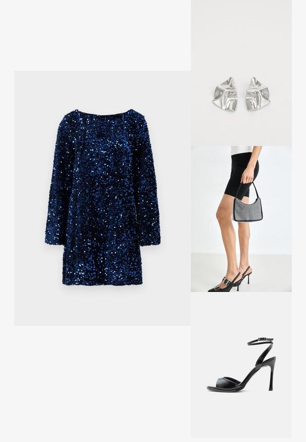 Vero Moda VMLAILA LS SEQUIN BOW EXP - Kokteilikleit/peokleit - midnight blue; Must kõrge kontsaga sandaal avatud varbaga, peene kontsaga ja reguleeritava pandlaga pahkluu rihmaga valgel taustal.; Mustmust mustraha mustone, millel on kõver siluett, kandmisvõime ja läikiv tekstuur. Kandmine kõrgete kontsadega mustade kingade ja istuvate mustade lühikesed pükstega.; Hõbedased metallkõrvarõngad lainelise, skulpturaalse disainiga, millel on poleeritud viimistlus ja ebaregulaarsed kujundid, rõhutades kaasaegset esteetikat.