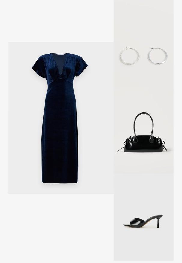 Navyblauwe fluwelen maxijurk met een diepe V-hals en korte vlindermouwen. Glad textuur met een aansluitende silhouet en zijsplitten.; Zwarte leren hoge hakken mules met een open teen ontwerp en een brede, gebogen bovenband. Gladde textuur en gestroomlijnde silhouette.; Kleine zwarte glanzende handtas met twee lange hengsels en zijkant trekkoord details op een effen lichte achtergrond.; Zilverkleurige metalen creolen oorbellen met een glad, licht gebogen oppervlak en sluitingen met haaksluiting op een effen witte achtergrond.
