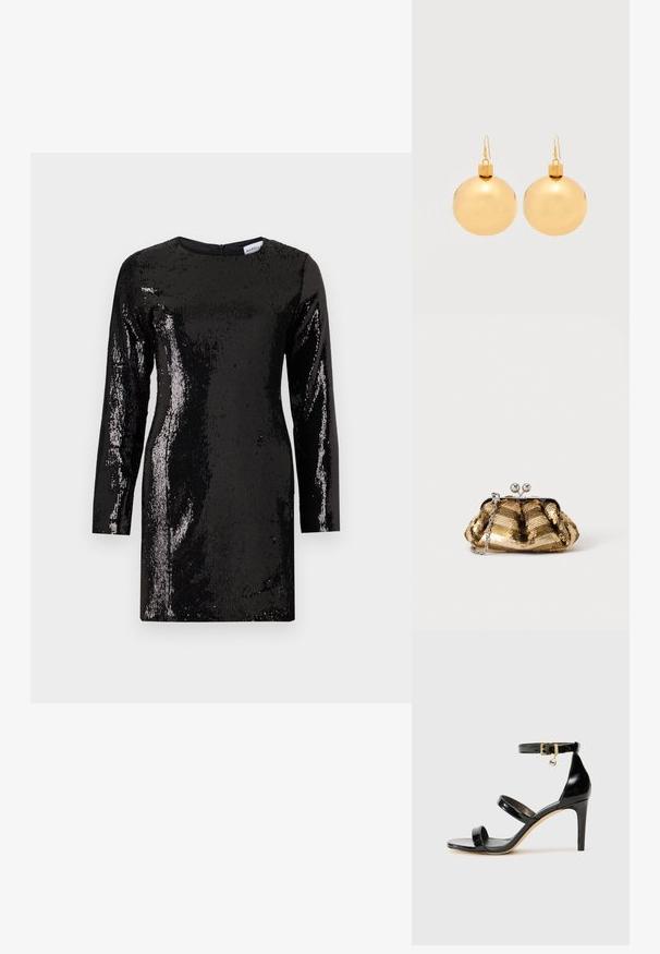 Robe en sequins noirs avec des manches longues, un col rond et une fermeture éclair au dos. Présente une surface texturée avec des sequins réfléchissants sur toute sa longueur.; Sandale en cuir verni noir avec trois brides, boucle de cheville et talon aiguille de 10 cm. Présente un détail en métal doré et un charm logo.; Petit sac pochette doré à sequins avec un fermoir argenté et une courte chaîne argentée sur un fond clair uni.; Paire de boucles d'oreilles boule de Noël dorées brillantes avec fermoirs à crochet sur fond blanc uni.