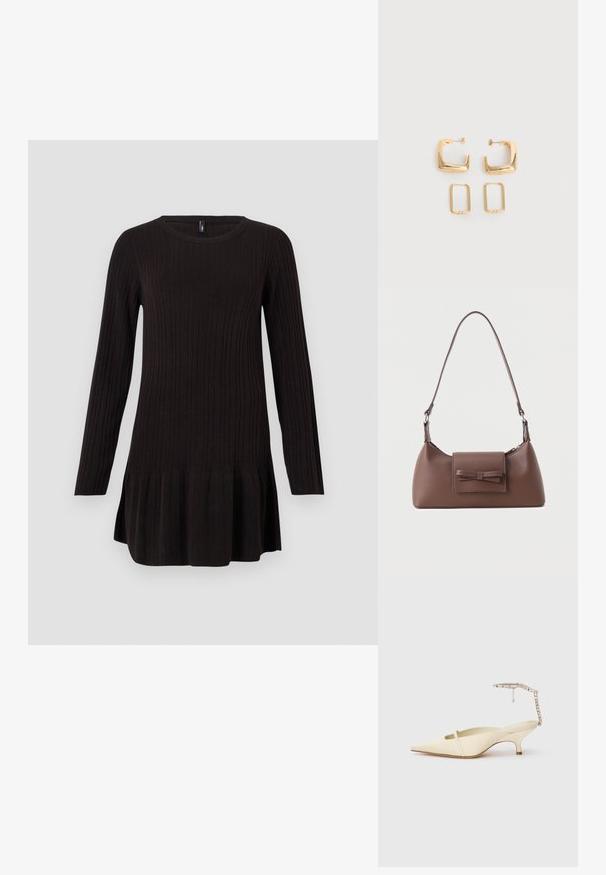 Musthave musträhtud kootud kleit pikkade varrukatega, ümar kaelus ja avar hemline. Pehme tekstuur ja liibuv siluett. Ilma nähtavate mustrite või aktsendita.; Kreem värviga terava nina ja õhukese eesrihmaga slingback kontsad, millel on eheline pahkluu rihm valgel taustal.; Pruun nahast õlakott ees taskuga, millel on õmmeldud lipsu detail ja reguleeritav rihm.; Kaks paari kuldse tooniga geomeetrilisi rõngaskõrvarõngaid lihtsal valgel pinnal, üks paar ruudukujuline ja massiivne, teine paar ristkülikukujuline ja õõnes.