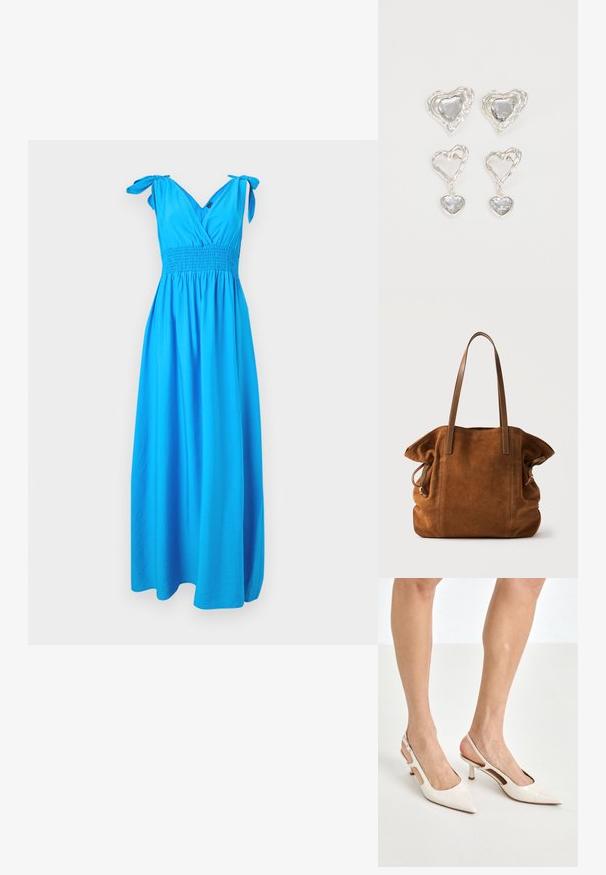 Heled kaelusega, kergest kangast, helesinine maxi kleit. Omab rühi, V-kujulist kaelust ja sidumisrihmasid õlgadel. Elegantne, voolav siluett.; Beesek patentnaha slingback kontsad 5 cm kontsaga, millel on terav nina ja lõigatud külgedega ning õhuke pahkluu rihm.; Pruun seemis käekott kahe õhukese nahkrihmaga ja külgedel paeladetailidega heledal taustal.; Hõbedased südamekujulised kõrvarõngad on kaunistatud lõhikute ja selgete kividega ning neil on tekstureeritud raam. Komplekti kuuluvad kõrvarõngad nupud ja rippuvad mudelid.