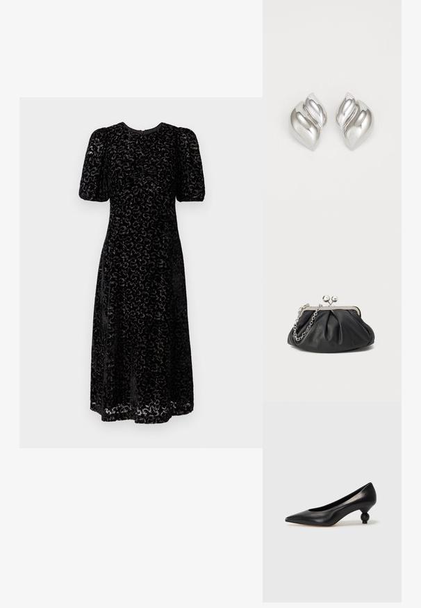 Black velvet dress with a leopard print pattern, short puff sleeves, and a knee-length design. Ruched detailing at the front adds texture.; Black leather high heel shoe with a pointed toe and a round, balled heel. Smooth texture with a sleek, minimal design.; Black leather clutch with gathered texture, silver-tone metal frame, kiss-lock closure, and chain strap. Smooth, soft surface.; Silver earrings with an organic, abstract shape. Smooth, shiny surface with a tapering design. Features subtle curves and a central line detail.