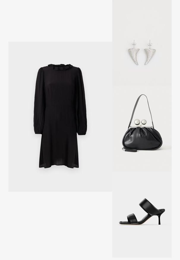 Schwarzes Midi-Kleid aus leichtem Stoff, mit einem Rüschensaumkragen und langen Puffärmeln mit elastischen Bündchen. Strukturiert mit leichtem Glanz.; Schwarze Leder-Mule-Sandale mit zwei breiten Riemen und einem schlanken, mittelhohen Stilettoabsatz auf einem schlichten hellen Hintergrund.; Schwarze Ledertasche mit gerafftem Design, einem einzelnen Riemen, silbernem Metallrahmen und zwei großen runden silbernen Verschlüssen.; Silberne, hornförmige Ohrringe, besetzt mit kleinen klaren Steinen, mit einem Steckverschluss zur Befestigung. Glatte Textur und metallisches Finish.