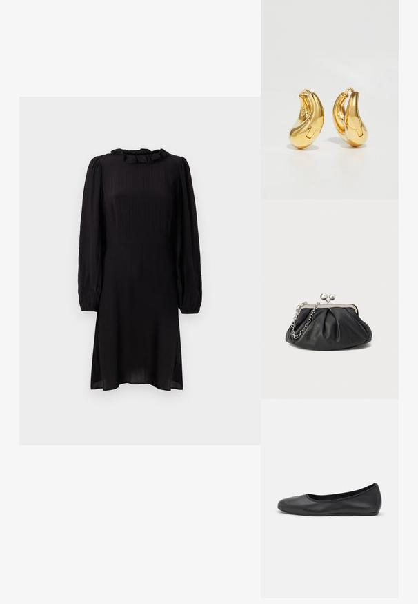 Schwarzes Midi-Kleid aus leichtem Stoff, mit einem Rüschensaumkragen und langen Puffärmeln mit elastischen Bündchen. Strukturiert mit leichtem Glanz.; Schwarze Leder-Ballettschuhe mit abgerundeter Spitze, glatter Textur, minimalen Nähdetails und einem flexiblen Sohlen-Design.; Schwarze Leder-Clutch mit geraffter Textur, silberfarbener Metallrahmen, Druckverschluss und Kettenriemen. Glatte, weiche Oberfläche.; Goldene Creolen mit einer glatten, geschwungenen Form und polierter Oberfläche. Mit einem Verschlussmechanismus und leichten Einkerbungen für Details.