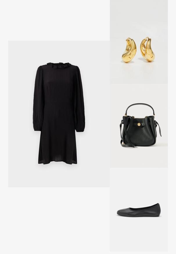 Vestido negro midi hecho de un tejido ligero, con un cuello con volantes y mangas largas abullonadas con puños elásticos. Superficie texturizada con un ligero brillo.; Bailarina de piel negra con punta redondeada, textura suave, detalle de costura minimalista y diseño de suela flexible.; Bolso de cuero negro texturizado con un asa corta, una correa larga para el hombro y un cierre de logo redondo en tono dorado en la parte frontal.; Pendientes de aro de oro con forma curva y suave, y acabado pulido. Presentan un mecanismo de cierre y ligeras indentaciones para un toque de detalle.