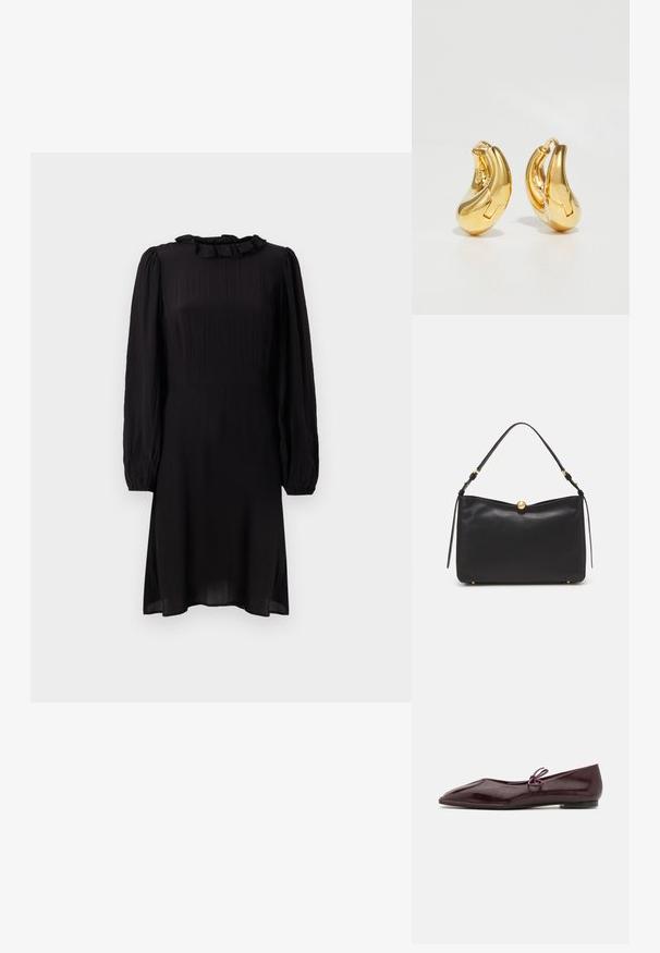 Schwarzes Midi-Kleid aus leichtem Stoff, mit einem Rüschensaumkragen und langen Puffärmeln mit elastischen Bündchen. Strukturiert mit leichtem Glanz.; Ballerinas aus bordeauxrotem Lackleder mit einer spitzen Zehenform und einem dekorativen lila Bogen auf dem Blatt; flaches Sohlen-Design.; Schwarze Lederhandtasche mit glatter Oberfläche, strukturiertem Design und goldener, runder Verschluss. Verfügt über einen einzelnen oberen Griff und Akzente.; Goldene Creolen mit einer glatten, geschwungenen Form und polierter Oberfläche. Mit einem Verschlussmechanismus und leichten Einkerbungen für Details.