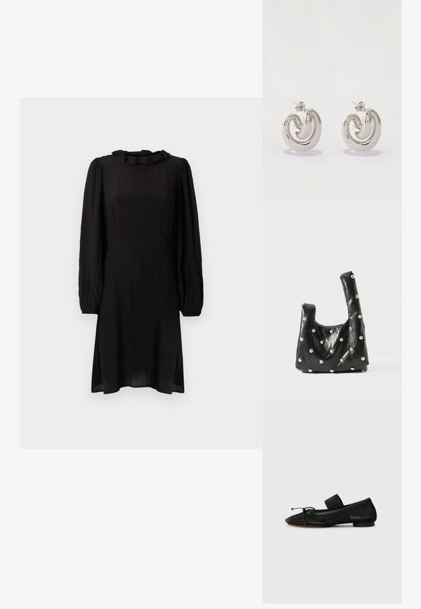 Robe midi noire en tissu léger, avec un col volants et de longues manches bouffantes avec des poignets élastiques. Surface texturée avec un léger éclat.; Chaussure plate noire avec un bout pointu, fabriquée en tissu texturé, avec un accent à nœud et un petit talon rond. Sangle élastique au niveau de la cheville.; Sac en cuir noir avec une texture douce, doté de poignées supérieures arrondies et d'accents métalliques en forme de perle sur la surface. Forme compacte et structurée.; Boucles d'oreilles en métal argenté avec un design tourbillonnant, présentant des surfaces lisses et une finition polie, maintenues par un fermoir en papillon.