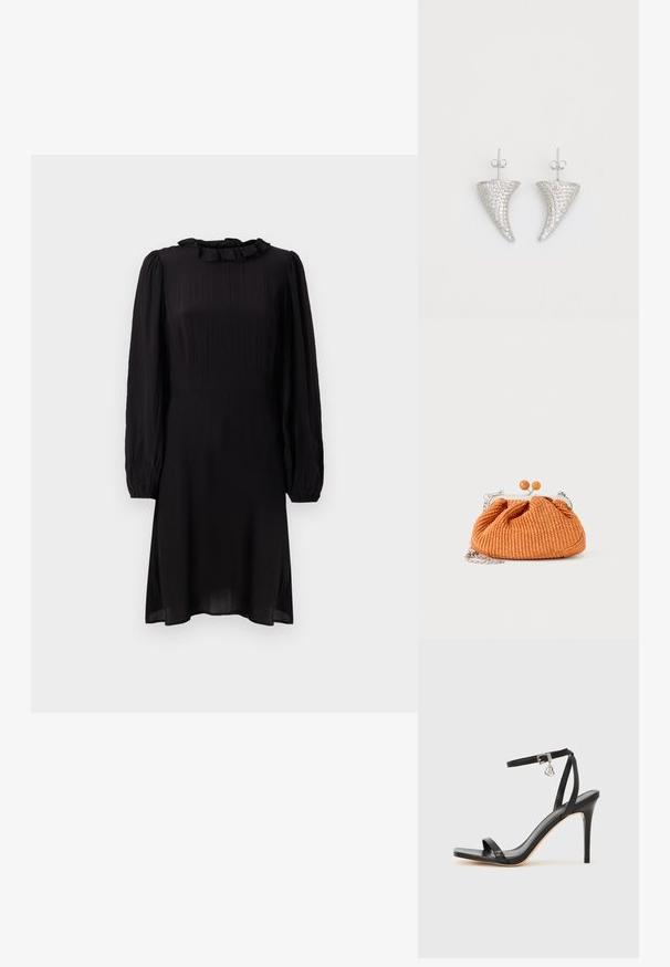 Vestido negro midi hecho de un tejido ligero, con un cuello con volantes y mangas largas abullonadas con puños elásticos. Superficie texturizada con un ligero brillo.; Sandalia de tacón alto negra con una estrecha correa en el tobillo, punta cuadrada, material de cuero liso y detalle de hebilla metálica.; Pequeño bolso de mano tejido en naranja con marco de metal plateado, cierre redondo y una correa de cadena plateada sobre un fondo blanco.; Pendientes en forma de cuerno plateado, engastados con pequeñas piedras transparentes, que cuentan con un cierre trasero para su sujeción. Textura suave y acabado metálico.