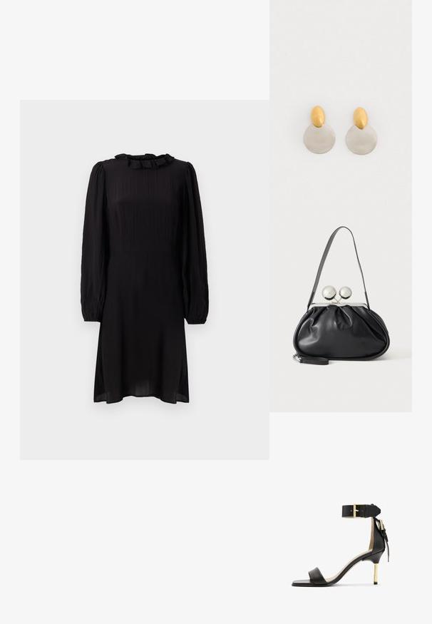 Vestido negro midi hecho de un tejido ligero, con un cuello con volantes y mangas largas abullonadas con puños elásticos. Superficie texturizada con un ligero brillo.; Sándal de tacón de cuero negro con punta cuadrada, correa en el tobillo con hebilla dorada y un tacón metálico esbelto. Textura suave, diseño minimalista.; Bolso de mano de cuero negro con diseño fruncido, una sola correa, marco metálico plateado y dos cierres grandes redondos de plata.; Pendientes de metal dorado y plateado con base de disco redondo y pieza superior ovalada, textura suave y acabado pulido.