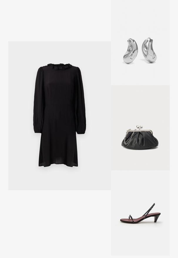 Schwarzes Midi-Kleid aus leichtem Stoff, mit einem Rüschensaumkragen und langen Puffärmeln mit elastischen Bündchen. Strukturiert mit leichtem Glanz.; Schwarze High Heels Sandale mit dünnen Riemen und einer kleinen dekorativen Schnalle. Die Innensohle hat eine kontrastierende burgunderrote Farbe und einen schlanken, konischen Absatz.; Schwarze Leder-Clutch mit geraffter Textur, silberfarbener Metallrahmen, Druckverschluss und Kettenriemen. Glatte, weiche Oberfläche.; Silberne Creolen mit einer gebogenen, glänzenden Oberfläche und einem nahtlosen Design. Verfügt über einen Scharnierverschluss für sicheren Halt.