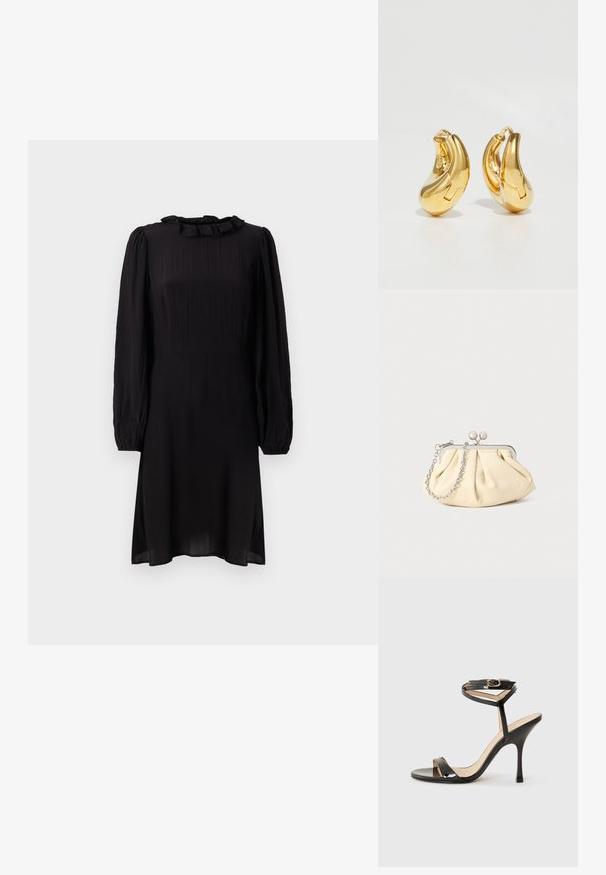 Vestido negro midi hecho de un tejido ligero, con un cuello con volantes y mangas largas abullonadas con puños elásticos. Superficie texturizada con un ligero brillo.; Sandalia de tacón alto de charol negro con tira delgada en el tobillo y hebilla, punta abierta y tacón aguja esbelto sobre fondo blanco.; Clutch de cuero beige plisado con un marco de metal plateado, que cuenta con dos broches decorativos redondos y una correa de cadena plateada.; Pendientes de aro de oro con forma curva y suave, y acabado pulido. Presentan un mecanismo de cierre y ligeras indentaciones para un toque de detalle.