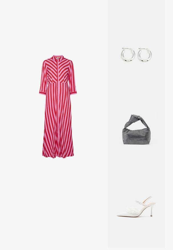 Pikk nööpidega kleit, millel on vahelduvad punased ja roosad diagonaalsed triibud. Valmistatud kergest materjalist, millel on kolmeveerandsleeved.; Valged teravanina kõrge kontsaga slingback-kingad, millel on pahkluu rihm ning ees kaunistuseks pärlid ja pits.; Must musta ja hõbedane käekott, millel on tekstureeritud pind, millel on teemanti muster, sõlmega käepide ja struktureeritud kuju.; Hõbedased rõngaskõrvarõngad poleeritud viimistlusega, ringikujulise kujuga ja hingedega kinnitusega. Sile tekstuur minimaalsete detailidega.