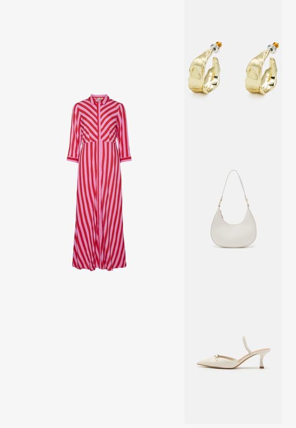 Langes Hemdkleid mit abwechselnden roten und rosa diagonalen Streifen. Hergestellt aus leichtem Material mit Dreiviertelärmeln.; ALDO NAILAH - Pumps - white/bone; Cremfarbene Leder-Schultertasche mit einer Halbmondform, dünnem Schulterriemen und subtilen Stichdetails. Minimalistisches Design mit goldfarbenen Hardware-Akzenten.; Goldfarbene Ohrringe in Form abstrakter Hände, mit einer glänzenden Oberfläche, filigranen Details und einem Silber- und Goldstift für sicheren Halt.
