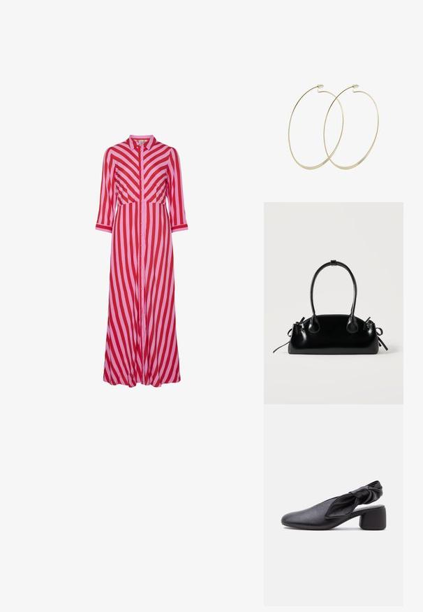 Lange button-up jurk met afwisselend rode en roze diagonale strepen. Gemaakt van lichtgewicht materiaal met driekwart mouwen.; Zwarte leren slingback met een afgeronde neus, een geknoopt banddetail en een lage blokhak op een witte achtergrond.; Kleine zwarte glanzende handtas met twee lange hengsels en zijkant trekkoord details op een effen lichte achtergrond.; Pilgrim Oorbellen - gold-coloured