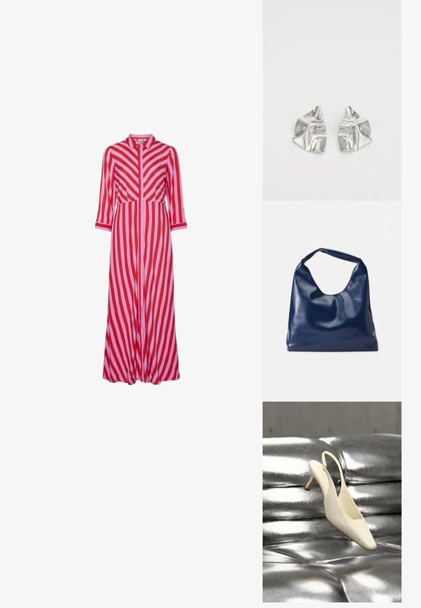 Lange button-up jurk met afwisselend rode en roze diagonale strepen. Gemaakt van lichtgewicht materiaal met driekwart mouwen.; Crèmekleurige slingback kittenheel schoen met een vierkante neus, rustend op een glanzend zilverkleurig gewatteerd lederen oppervlak.; Marineblauwe neplederen schoudertas met een zachte, glanzende textuur, ronde vorm en een enkele, brede handgreep voor gemakkelijk dragen.; Zilveren metalen oorbellen met een golvend, sculpturaal ontwerp, voorzien van een gepolijste afwerking en onregelmatige vormen, die een hedendaagse esthetiek benadrukken.