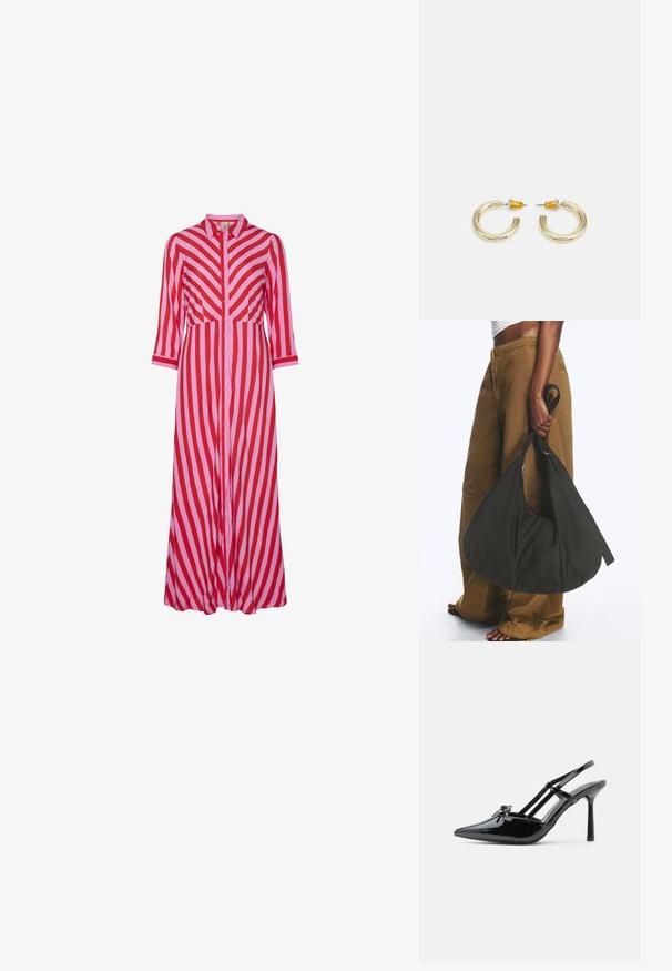 Lange button-up jurk met afwisselend rode en roze diagonale strepen. Gemaakt van lichtgewicht materiaal met driekwart mouwen.; Zwarte lakleren hoge hakken met slingback, puntige neus, dunne hak en dubbele banddetails over de wreef.; Persoon met bruine wijde broek en wit topje houdt een grote zwarte zachte handtas aan het hengsel bij hun zijde vast.; Gouden hoepel oorbellen met een zachte, ronde vorm en een gepolijste afwerking. Kenmerkt oranje accenten aan de achterkant voor een veilige bevestiging.