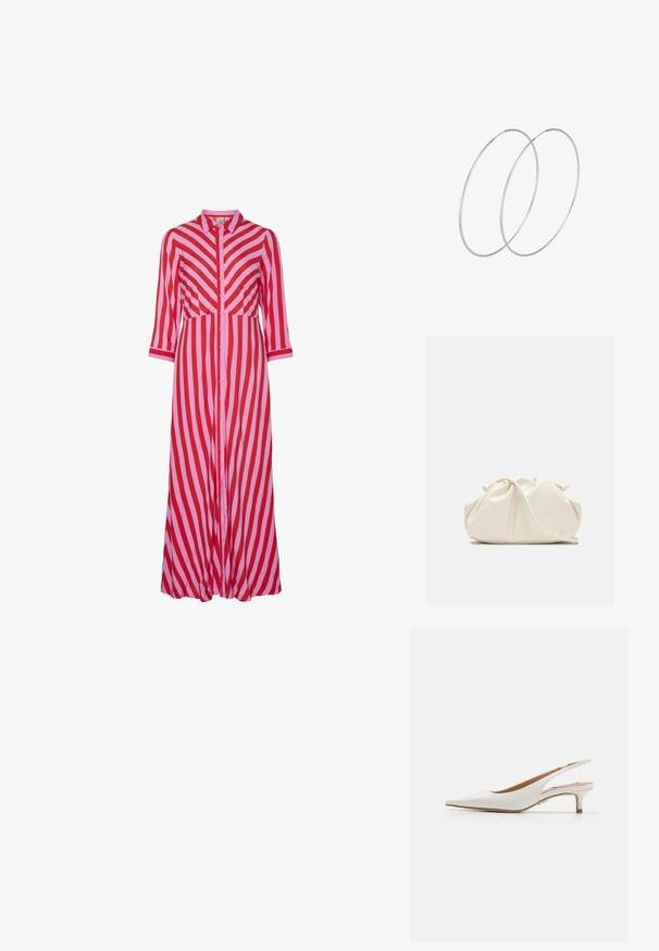 Lang knap-ned kjole med skiftende røde og lyserøde diagonale striber. Fremstillet af letvægtsmateriale med trekvartærmer.; Steve Madden KARI - Pumps - white; Blød, cremefarvet læder clutch taske med samlet, rynket design og en tynd skulderrem, der hviler foran på en ensfarvet baggrund.; Sølvøreringe med et minimalistisk design. Cirkulær form, glat tekstur og tynd profil. Letvægtige med en poleret overflade.