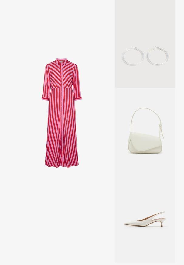 Lang knap-ned kjole med skiftende røde og lyserøde diagonale striber. Fremstillet af letvægtsmateriale med trekvartærmer.; Steve Madden KARI - Pumps - white; Hvid taske i faux læder med en struktureret trekantet form, enkelt justerbart skulderstrop og en flaplås med kurver.; Par skinnende sølvøreringe med tynde trådlåse, vist på en lys grå baggrund.