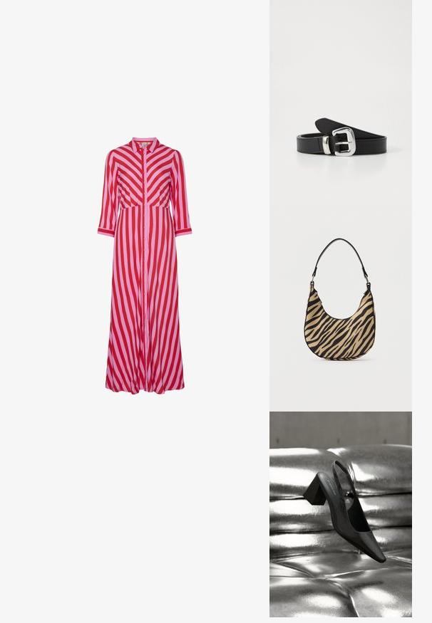 Robe longue à boutons avec des rayures diagonales rouges et roses alternées. Fabriquée en tissu léger avec des manches trois-quarts.; Escarpin noir à bride arrière avec bout pointu, présentant une surface texturée et un talon bloc épais. Posé sur un fond métallique brillant.; Sac à épaule en imprimé zèbre beige et noir avec un fond en courbe et une seule poignée noire, photographié sur un fond blanc uni.; Ceinture en cuir noir avec une boucle en métal argenté, présentant une texture lisse et un design épuré et minimal.