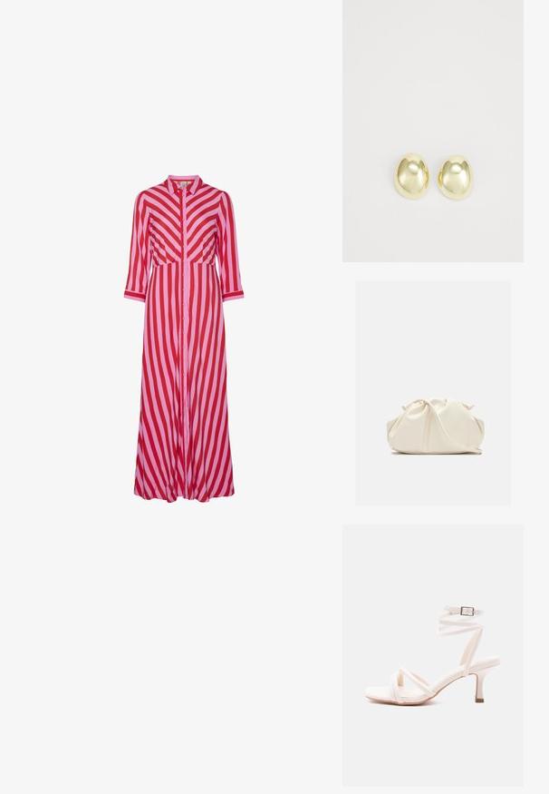 Langes Hemdkleid mit abwechselnden roten und rosa diagonalen Streifen. Hergestellt aus leichtem Material mit Dreiviertelärmeln.; Weiße Sandale mit Absatz, vorne mit Riemchen, einem um den Knöchel wickelbaren Riemen mit Schnalle und einem schlanken, mittelhohen Absatz vor schlichtem Hintergrund.; Weiche, cremefarbene Leder-Clutch mit gerafftem Design und einem dünnen Schulterriemen, der vorne auf einem schlichten Hintergrund liegt.; Goldfarbene Metallstanzohrringe mit einer glatten, abgerundeten Form und polierter Oberfläche. Einfaches Design ohne zusätzliche Verzierungen.