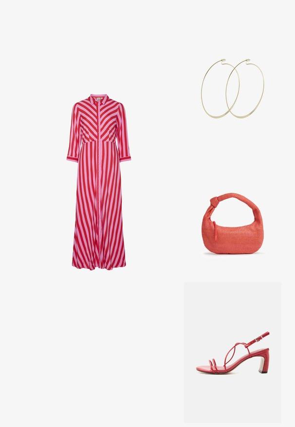 Robe longue à boutons avec des rayures diagonales rouges et roses alternées. Fabriquée en tissu léger avec des manches trois-quarts.; Sandale à talon rouge avec fines lanières sur les orteils et autour de la cheville, boucle réglable et talon bloc sur fond blanc.; Petit sac à main corail tissé avec une anse nouée et un curseur de fermeture éclair rouge sur le côté, présenté sur fond blanc.; Pilgrim Boucles d'oreilles - gold-coloured