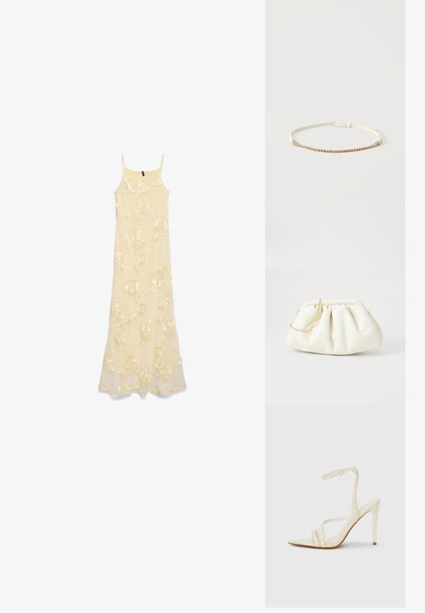 Longue robe jaune pâle sans manches avec fines bretelles et motif floral brodé sur l'ensemble du tissu.; Sandales à talons hauts beiges avec un bout pointu, comportant trois brides à l'avant et une fine bride à la cheville avec une boucle. Texture lisse, design minimaliste.; Sac à main en cuir blanc avec un design plissé, doté d'une bandoulière en chaîne dorée et d'une forme arrondie. Texture lisse avec des plis doux et sans motifs.; Ceinture blanche fine avec une boucle dorée et une seule rangée de petits strass scintillants sur le devant.