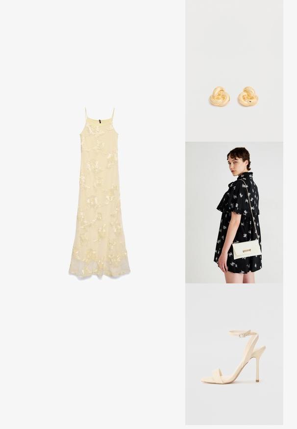 Longue robe jaune pâle sans manches avec fines bretelles et motif floral brodé sur l'ensemble du tissu.; Sandale à talon haut beige avec une sangle fine autour de la cheville et un bout carré. Matériau synthétique lisse, design minimaliste et talon aiguille.; Robe noire avec des motifs de nœuds blancs, manches courtes, volants aux épaules. Pochette blanche avec chaîne en or et fermoir, tenue dans la main droite.; Paire de clous d'oreilles en forme de nœud, couleur or brillant, sur un fond blanc uni.