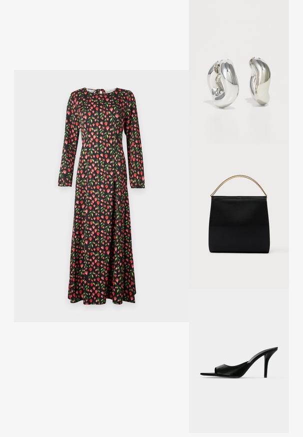 Robe noire à manches longues ornée d'un motif de fraises rouges et roses avec des feuilles vertes, au design évasé et au col rond.; Mule à talon haut en cuir noir à bout ouvert avec un talon stiletto fin, vue de profil sur un fond uni.; Sac noir en tissu lisse, présentant une forme structurée, une poignée en chaîne dorée et un design géométrique minimaliste.; Boucles d'oreilles sculpturales en argent avec des formes douces et courbes et des surfaces réfléchissantes. Présentent un design de boucle fermée et une forme organique distincte.